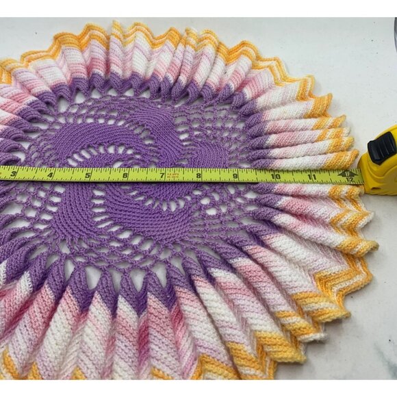 Vntg Crochet  Purple Yellow Doily Pleated Ruffled Table Place Mat Trivet Coaster - Picture 13 of 14